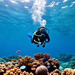 Caribbean Holidays, Active Scuba Diving, Scuba diver exploring a colourful Caribbean coral reef in clear turquoise water, tropical fish and sunlight filtering from the surface