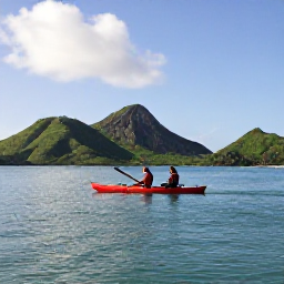 Caribbean Holidays, Active Solo Holidays, Kayaker paddling across calm turquoise Caribbean water towards green volcanic hills, sunny morning, realistic travel photograph