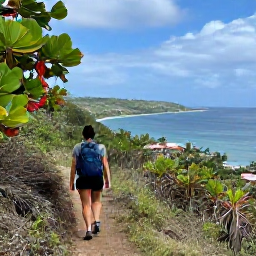 Caribbean Holidays, Active Solo Holidays, Solo hiker walking along a Caribbean coastal trail with sea views, tropical plants and distant villages, realistic travel photography