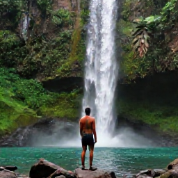 Caribbean Holidays, Active Solo Holidays, Solo traveller hiking through a lush Caribbean rainforest beside a clear waterfall, natural daylight, realistic travel photography
