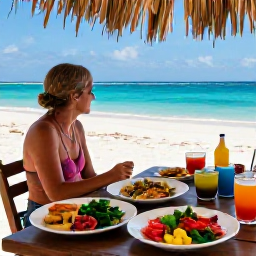 Caribbean Holidays, Active Solo Holidays, Solo traveller relaxing at a friendly Caribbean beach caf&eacute; after an active day, colourful local food and ocean view, realistic travel photography