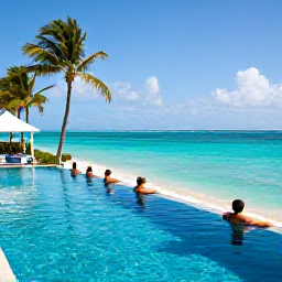Caribbean Holidays, Active Spa Breaks, A bright Caribbean resort overlooking turquoise water, with guests stretching beside a tranquil infinity pool and palm trees in the background