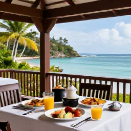 Caribbean Holidays, Active Spa Breaks, A colourful healthy breakfast and fresh juice on a shaded Caribbean terrace, overlooking a calm bay and tropical garden