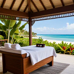 Caribbean Holidays, Active Spa Breaks, An elegant Caribbean spa with an open-air treatment pavilion, natural wood, fresh towels, tropical plants and a view of the sea