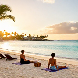Caribbean Holidays, Active Spa Breaks, Couples relaxing on a quiet Caribbean beach beside a luxury resort at sunset, with yoga mats, loungers and calm turquoise water