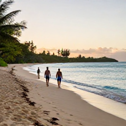 Caribbean Holidays, Active Spa Breaks, Travellers walking along a sandy Caribbean beach at sunrise, with clear water, lush vegetation and low hills beyond