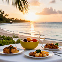 Caribbean Holidays, Active Wine Holidays, A relaxed outdoor table overlooking a Caribbean bay, with wine glasses, local dishes, tropical fruit and a golden sunset