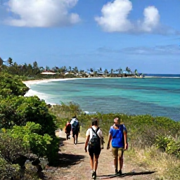 Caribbean Holidays, Active Wine Holidays, Travellers hiking along a Caribbean coastal trail above turquoise water, with a small village and palm trees in the distance