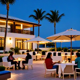Caribbean Holidays, Active Wine Holidays, Travellers relaxing at a stylish Caribbean hotel terrace after an excursion, with comfortable seating, palm trees and evening light