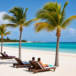 Caribbean Holidays, Adults Only Bahamas, Adults relaxing beside a turquoise Bahamian sea at a peaceful adults-only resort, with palm trees, white sand and comfortable sun loungers