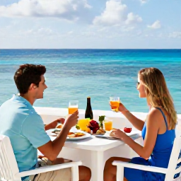 Caribbean Holidays, Adults Only Bahamas, Couple enjoying breakfast on a sunny terrace overlooking the Caribbean Sea in the Bahamas, with tropical fruit and calm blue water