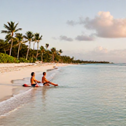 Caribbean Holidays, Adults Only Bahamas, Couple relaxing on a quiet Bahamian beach in August, clear shallow water, palm trees and soft evening sunlight