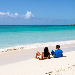 Caribbean Holidays, Adults Only Bahamas, Couple relaxing on a quiet white-sand beach beside clear turquoise water in the Bahamas
