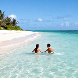 Caribbean Holidays, Adults Only Bahamas, Couple swimming in crystal-clear shallow water beside a secluded white-sand beach in the Bahamas, with bright tropical sunlight