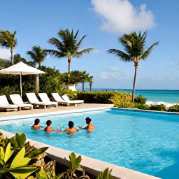 Caribbean Holidays, Adults Only Bahamas, Elegant adults-only resort pool in The Bahamas, guests enjoying cocktails, tropical gardens and bright August sunshine