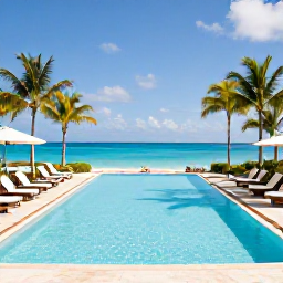 Caribbean Holidays, Adults Only Bahamas, Elegant adults-only resort pool overlooking the turquoise sea in the Bahamas, with sun loungers and palm trees