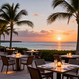 Caribbean Holidays, Adults Only Bahamas, Evening dining at an elegant open-air restaurant in the Bahamas, with candlelit tables, palm trees and a glowing sunset over the sea