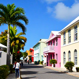 Caribbean Holidays, Adults Only Bahamas, Historic Nassau street in the Bahamas with pastel buildings, tropical plants and visitors exploring the relaxed island atmosphere