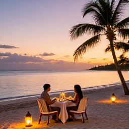 Caribbean Holidays, Adults Only Bahamas, Romantic sunset dinner for two on a Bahamian beach, with lanterns, palm trees and calm sea
