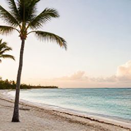Caribbean Holidays, Adults Only Bahamas, Travel planner view of a calm Bahamian beach resort at golden hour with palm trees and turquoise water