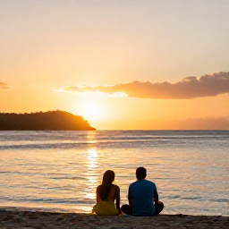 Caribbean Holidays, Adults Only Caribbean, Couple enjoying a quiet sunset on a Caribbean beach in Saint Vincent and the Grenadines, with calm sea and golden evening light