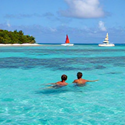 Caribbean Holidays, Adults Only Caribbean, Couple snorkelling in clear turquoise water near a secluded Caribbean beach, with colourful reef fish and a small sailing boat offshore