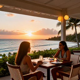 Caribbean Holidays, Adults Only Caribbean, Elegant open-air restaurant at an adults-only Caribbean resort, with a couple dining beside the sea at sunset