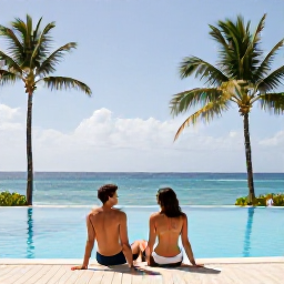 Caribbean Holidays, Adults Only Cura&ccedil;ao, Couple relaxing beside a quiet infinity pool at an adults-only resort in Cura&ccedil;ao, bright Caribbean sunshine, palm trees and calm blue sea