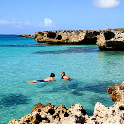 Caribbean Holidays, Adults Only Cura&ccedil;ao, Couple snorkelling in clear turquoise water beside a rocky Cura&ccedil;ao bay, colourful tropical fish and rugged coastline in the background