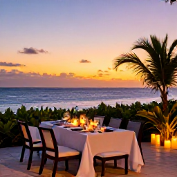 Caribbean Holidays, Adults Only Cura&ccedil;ao, Elegant open-air dinner at an adults-only Cura&ccedil;ao resort, candles, tropical plants and sea view at sunset