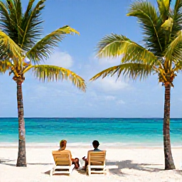 Caribbean Holidays, Adults Only Cura&ccedil;ao, White sandy beach and turquoise water near an adults-only hotel in Cura&ccedil;ao, two sun loungers, palm trees and a couple enjoying the coastline