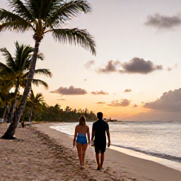 Caribbean Holidays, Adults Only Dominican Republic, Couple enjoying a sunset walk along a palm-fringed beach in the Dominican Republic