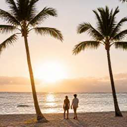 Caribbean Holidays, Adults Only Dominican Republic, Couple walking along a peaceful palm-fringed beach at sunset in Punta Cana, Dominican Republic