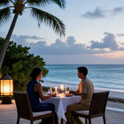 Caribbean Holidays, Adults Only Holidays, A candlelit Caribbean dinner for two on a beach terrace, with tropical foliage, gentle lantern light and the sea beyond