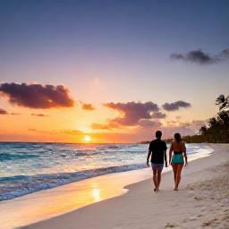 Caribbean Holidays, Adults Only Holidays, A couple walking barefoot along a white sandy Caribbean beach at sunset, with gentle waves and a colourful evening sky