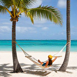 Caribbean Holidays, Adults Only Holidays, A traveller relaxing in a hammock beneath palm trees at a Caribbean resort, with a tranquil beach and turquoise sea in the background