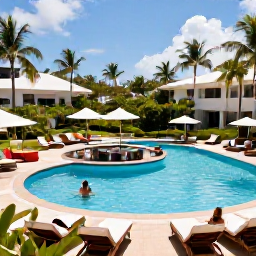 Caribbean Holidays, Adults Only Holidays, Adults enjoying a stylish Caribbean resort pool with swim-up bar, comfortable loungers and tropical gardens in bright daylight