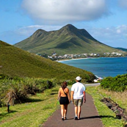 Caribbean Holidays, Adults Only Holidays, Couple exploring a scenic coastal path on Saint Barth&eacute;lemy, green hills, blue sea and dramatic island landscape