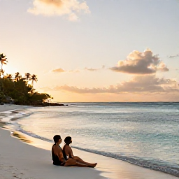 Caribbean Holidays, Adults Only Holidays, Couple relaxing on a secluded Saint Barth&eacute;lemy beach at sunset, calm turquoise water, soft golden light and peaceful tropical setting