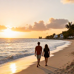 Caribbean Holidays, Adults Only Holidays, Couple walking along a quiet Caribbean beach at sunset on Saint Martin, gentle waves and warm golden light