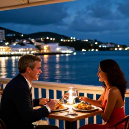 Caribbean Holidays, Adults Only Holidays, Elegant couple dining at an outdoor restaurant in Gustavia, Saint Barth&eacute;lemy, harbour lights, fresh seafood and intimate evening atmosphere