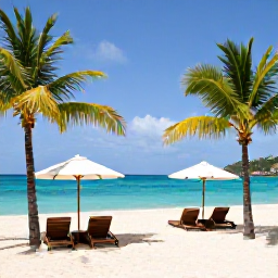 Caribbean Holidays, Adults Only Holidays, Relaxed adults-only beach resort on Saint Martin, turquoise Caribbean sea, white sand, sun loungers and palm trees