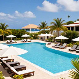 Caribbean Holidays, Adults Only Holidays, Stylish adults-only resort pool overlooking the Caribbean on Sint Maarten, comfortable loungers and tropical gardens