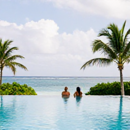 Caribbean Holidays, Adults-Only Saint Kitts, Adults relaxing beside an infinity pool at a quiet Caribbean resort on Saint Kitts, with tropical greenery and a calm blue sea