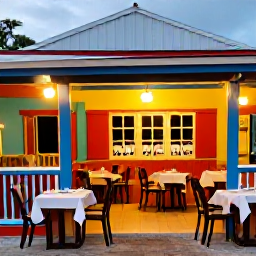 Caribbean Holidays, Adults Only Saint Kitts, Colourful local restaurant terrace in Basseterre, Saint Kitts, serving Caribbean food at dinner with warm evening light and welcoming tables