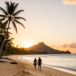 Caribbean Holidays, Adults-Only Saint Kitts, Couple walking along a quiet golden beach on Saint Kitts at sunset, with palm trees, gentle waves and volcanic hills in the distance