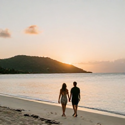 Caribbean Holidays, Adults Only Saint Kitts, Couple walking hand in hand along a quiet sandy beach at sunset on Saint Kitts, with calm Caribbean water and green hills in the distance