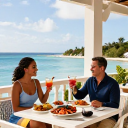 Caribbean Holidays, Adults-Only Saint Kitts, Elegant adults-only resort restaurant on Saint Kitts with a couple enjoying fresh seafood and cocktails on an open-air terrace overlooking the sea