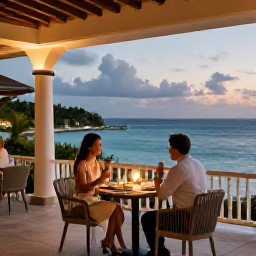 Caribbean Holidays, Adults Only Saint Kitts, Elegant adults-only resort terrace on Saint Kitts at dusk, with a couple enjoying a quiet dinner, soft lighting and a view of the Caribbean Sea