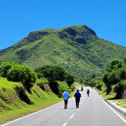 Caribbean Holidays, Adults Only Saint Kitts, Scenic coastal road on Saint Kitts with lush green hills, Mount Liamuiga and a small group of adults exploring the island